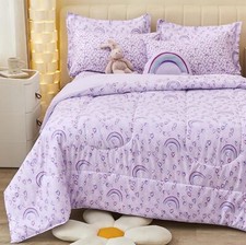 Girl's Kids Twin Size Comforter Set, 6-Piece Pocket Purple Love Rainbow Bedding
