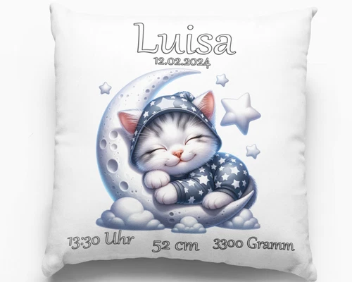 Personalisierte Babygeschenke zur Geburt Kissen mit Namen Katze Junge Mädchen
