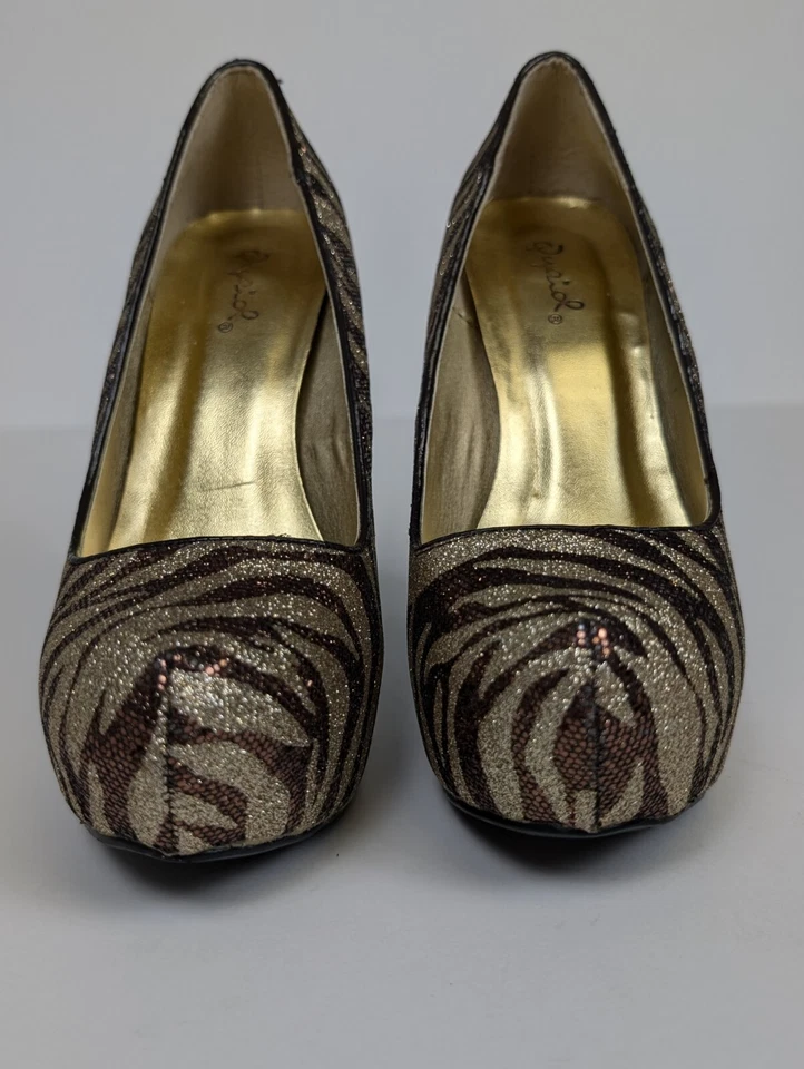 Zapatos para mujer Qupid 5 pulgadas tacones dorado marrón rayas talla 6 vestido de fiesta ¡brillo! Foto 3 de 4