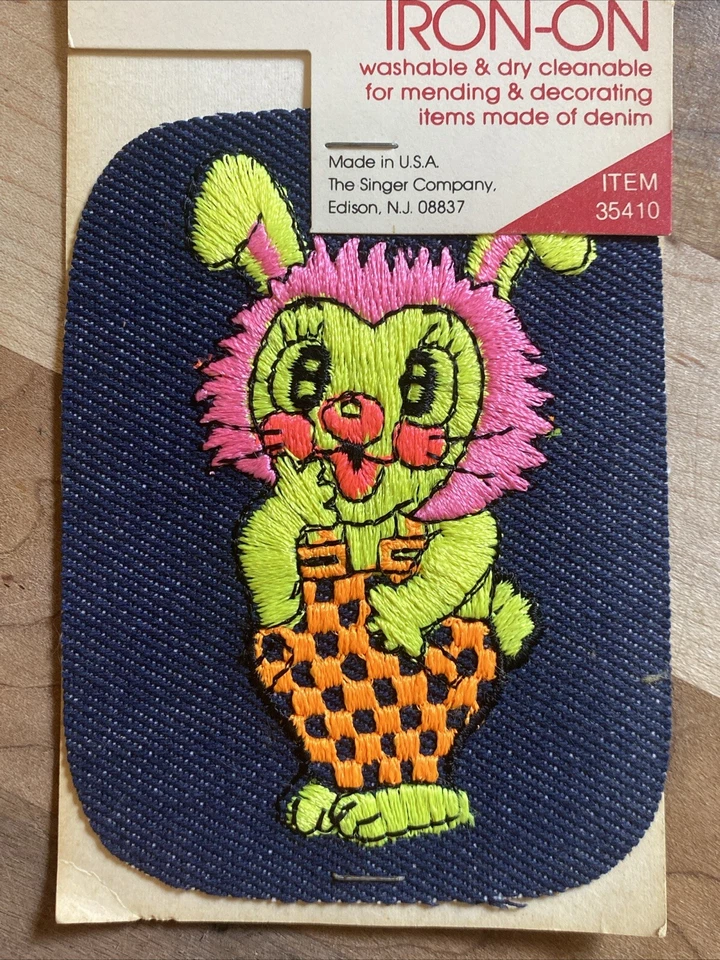 Vintage Singer Designer Embroidered Iron-On Denim Patch Neon Bunny - Image 2 of 4