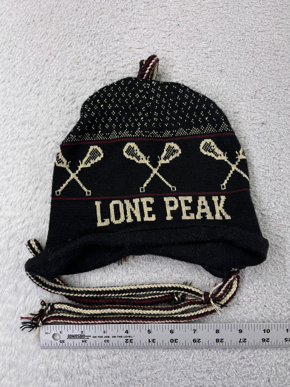 Lone Peak Lacrosse Beanie Toque Youth One Size Black Beige Ear Flaps Knit Lined