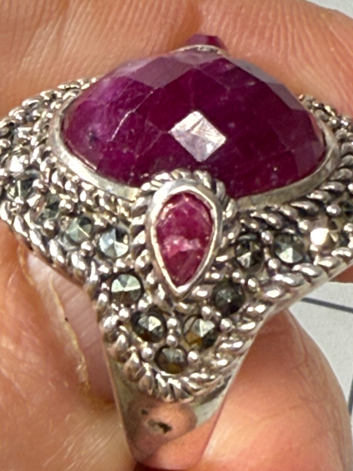 Sterling Silver Ring Marcasite & Composite Ruby-T… - image 3