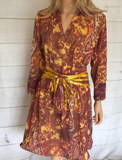 Wrap Dress Size S Multi Paisley Print Yellow Belt Satin Trim Collar Lined