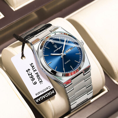 POEDAGAR Luxury Men's Quartz Watch Business 3Bar Luminous Date Stainless Steel