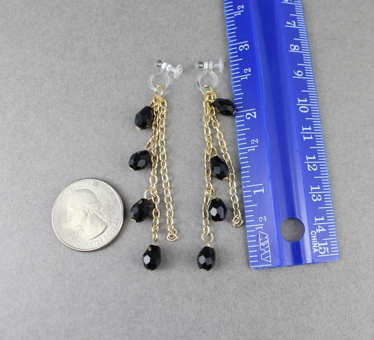 Gold Black Clip On earrings tassel invisible comfort clips 3/8