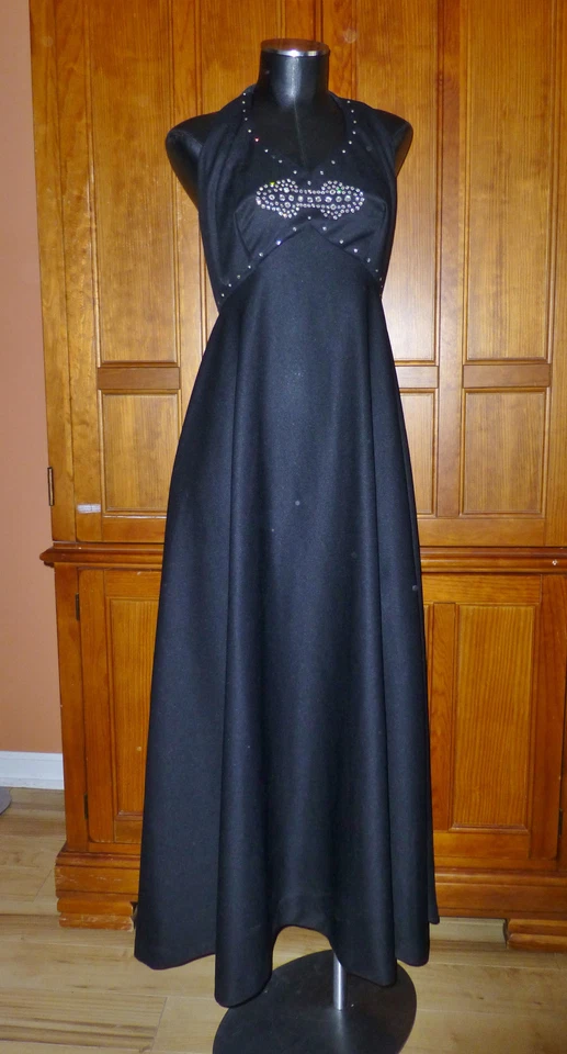 Maxi VESTIDO De Colección Años 70 Negro Jersey Tejido Estrás Boho Imperio Disco Noche Foto 2 de 4