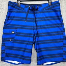 The North Face Mens 34 Swim Trunks Blue Stripes Cargo Drawstrings Board Shorts