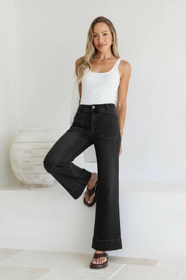 Womens Country Denim Aust Sailor Wide Leg Pocket Dress Jeans Black Sz 10 BNWT - image 1 of 4