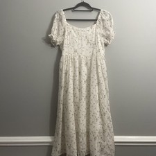 SHEIN Womens L Cream Green Floral Maxi Dress Puff Sleeve Lined Cottagecore