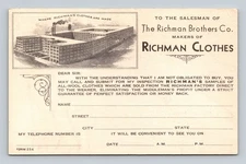 Vintage Richman Brothers Clothes Advertising Lithograph Postcard 3.5x5.5