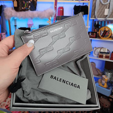 New In Box Balenciaga Grey logo-debossed leather cardholder Wallet