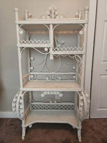 Antique White Wicker Etagere Shelf Victorian Cabriole Legs Ornate Scroll Work