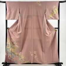 Japanese Silk Kimono M 158cm Pink Kiri Grass and flowers Lined Gold coloring 074