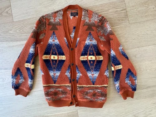 BEAMS PLUS Boa Jacquard Cardigan Orange Geometric Fleece Jacket Men’s M Japan - product listing photo