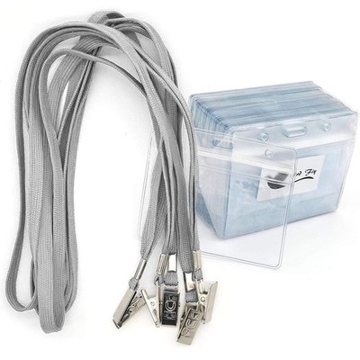 Plastic Name Tag Badge Id Card with 50 Pack Waterproof Lanyards - Gray, Horiz...
