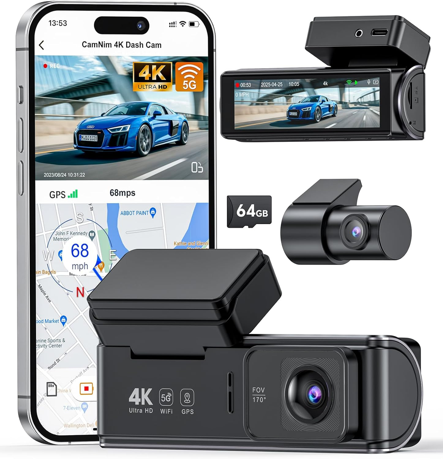 4K Dual Dash Cam Front and Rear - WiFi GPS Dashcam with Night Vision, 170&deg; Wide