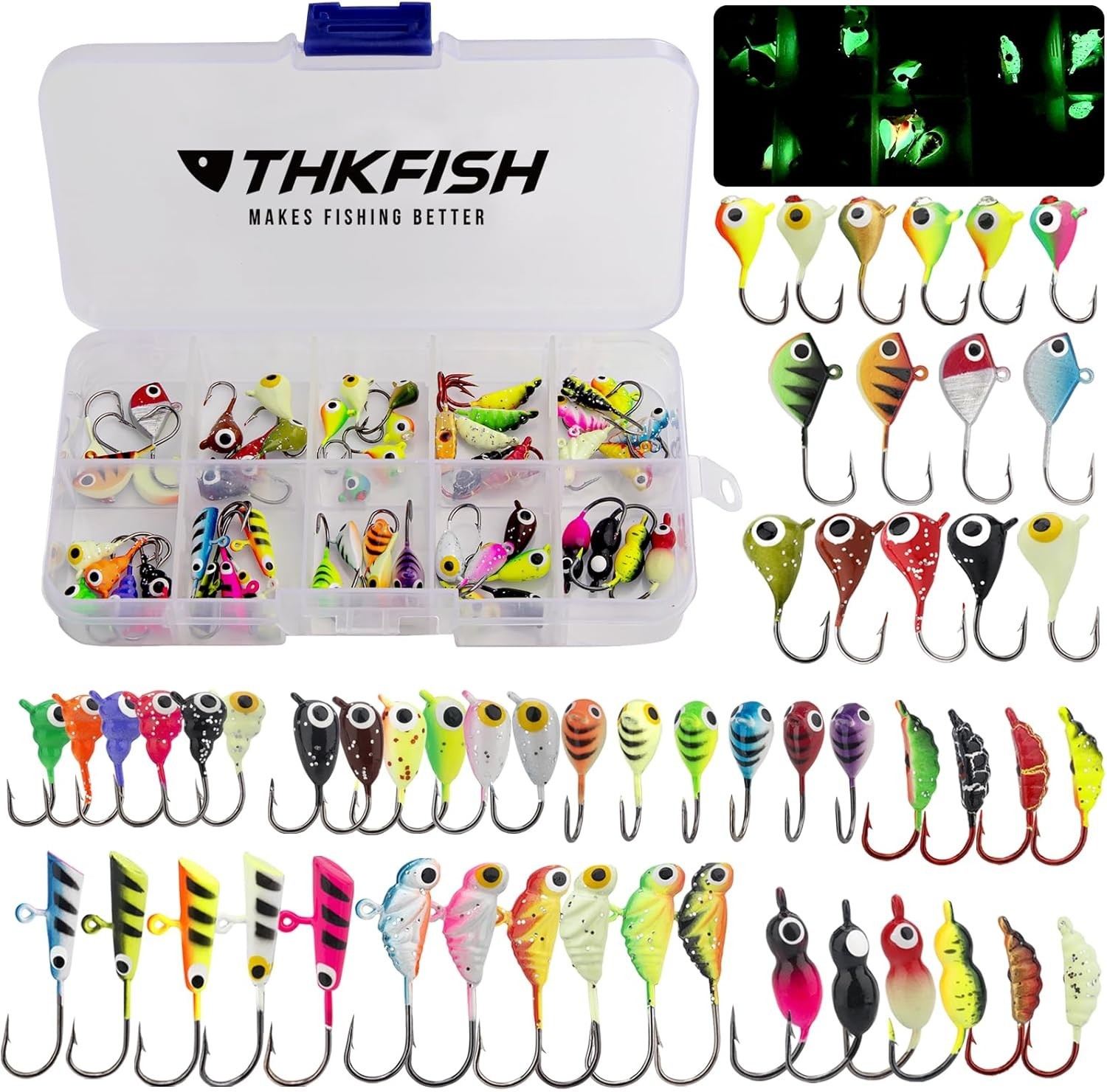 Ice Fishing Jigs 54pcs Glow Ice Fishing Lures, Walleye Jig Ice Fishing Jigs K... - Image 2