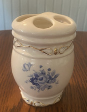 Ceramic Bathroom Cottage Core Blue Floral Preowned Toothbrush Holder W/Gold Trim