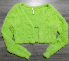 Fabletics Mini Crop Cardigan Womens Medium Neon Green Fuzzy Soft