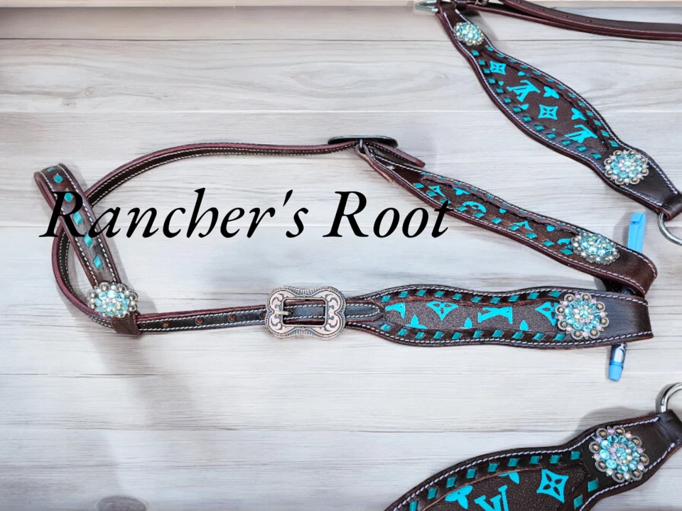 Juego de tachuelas de cuero Western | Juego de tachuelas de gladiador turquesa para caballo Foto 3 de 3