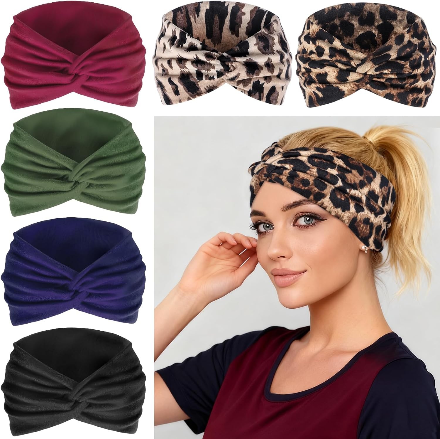 6Pack Wide Headbands for Women - Boho Knotted & Stretchy Elastic Hair Bands for