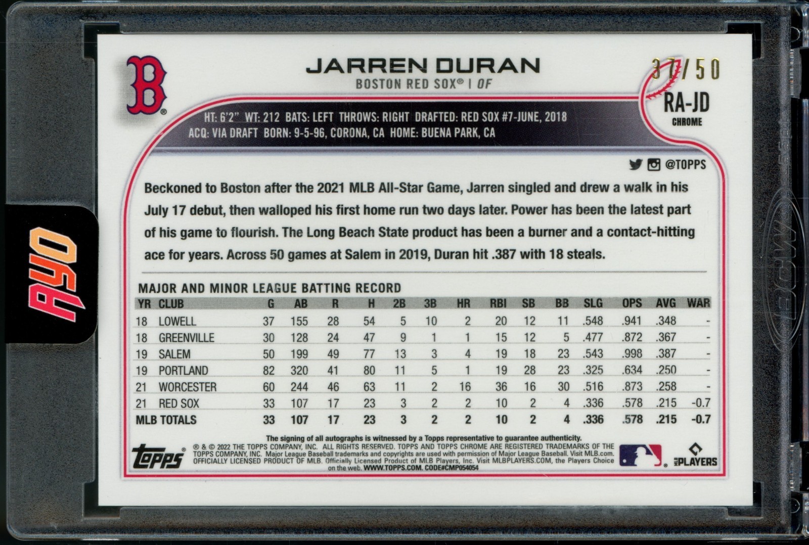 2022 Topps Chrome Jarren Duran True Gold Refractor Rookie RC On-Card Auto #d /50 view 2