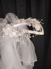V Shaped Wedding Veil White Pearls Flowers Rhinestones