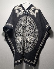 Gaban Zarape Poncho Aztec Calendar Reversible Soft Warm Vintage Made In Mexico