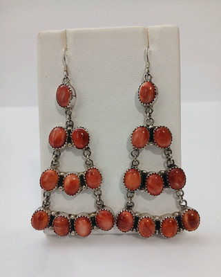Navajo 925 Sterling Silver Spiny Oyster Chandelier Cascade Hook Earrings ''GJ''