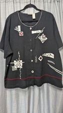 Vintage Koret Black Blouse Red and White Accents Unique Buttons Embroidered 22W