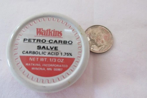 Vintage Watkins 1/3 oz Petro-Carbo Salve Advertising Tin round, 1" diam. full