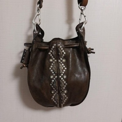Campomaggi Khaki Leder Kordelzug Schultertasche Vintage Look Slouchy Bucket
