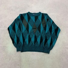 Vintage Knitted Jumper abstract patterned grandad knit sweater with leather