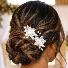 Flower Bride Wedding Hair Clips Silver Leaf Bridal Barrette Pearl Accs 2 Pack