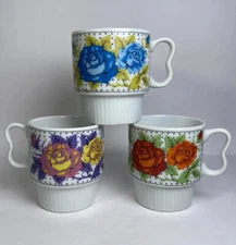 3 ct SY Japan Coffee Tea Cups Mugs 3.25” Floral Stackable 10 oz Ceramic Vintage