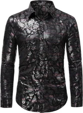 Men's Luxury Disco Party Prom Paisley Gold Rainbow Shiny Long Sleeve Dress Shirt