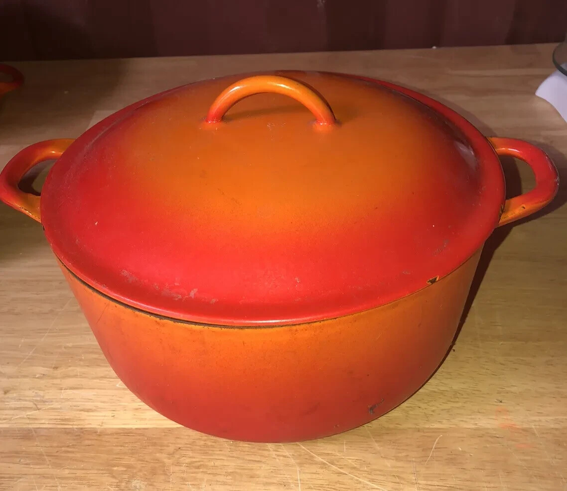vintage Descoware Belgium Orange Enameled Cast Iron Pot W/ Lid Interior