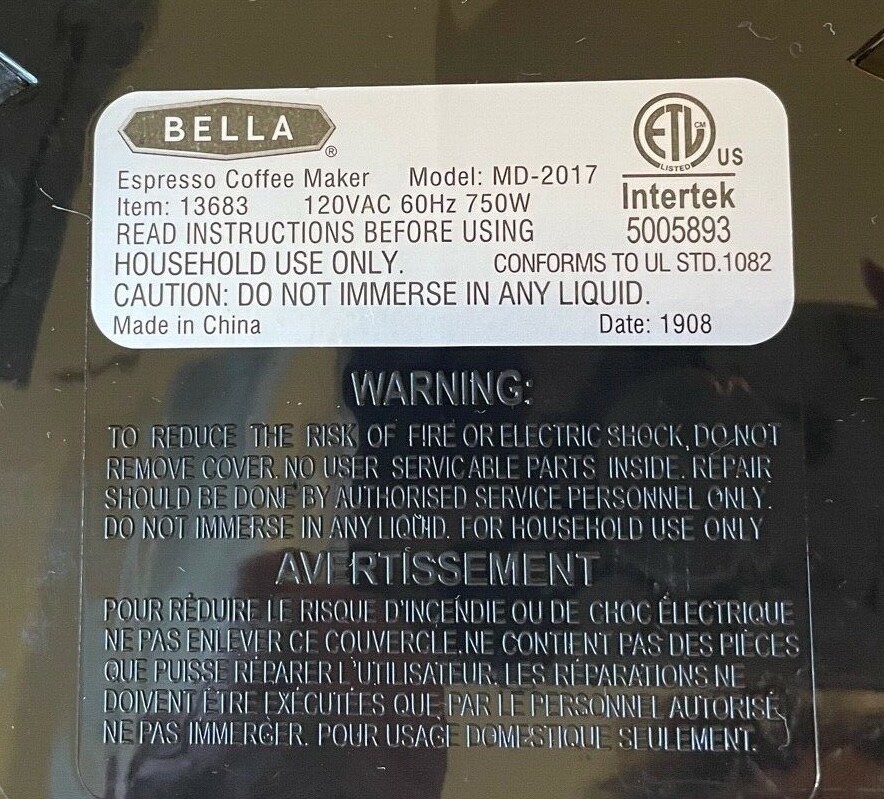 Bella 13683 Personal Espresso Maker Steam Wand Glass Decanter Permanent Filter