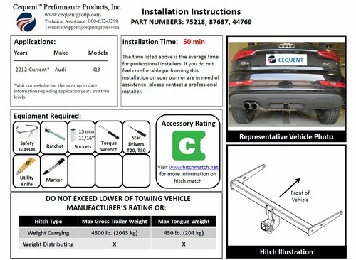 Trailer Tow Hitch For 13-18 Audi Q3 Complete Package w/ Wiring and 2" Ball - Picture 8 of 12