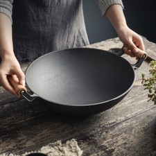 Cast Iron Large Deep Wok Stir Fry Pan Pre-Seasoned Non-Stick Coating with Handle