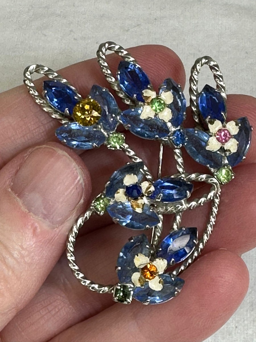 ひめきち　904545 Flower Blue Navette & Colored Rhinestones Vintage Silver Brooch