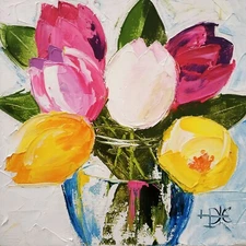 Bouquet Tulips Painting Impasto Oil Painting Original Art No Frame 6x6"