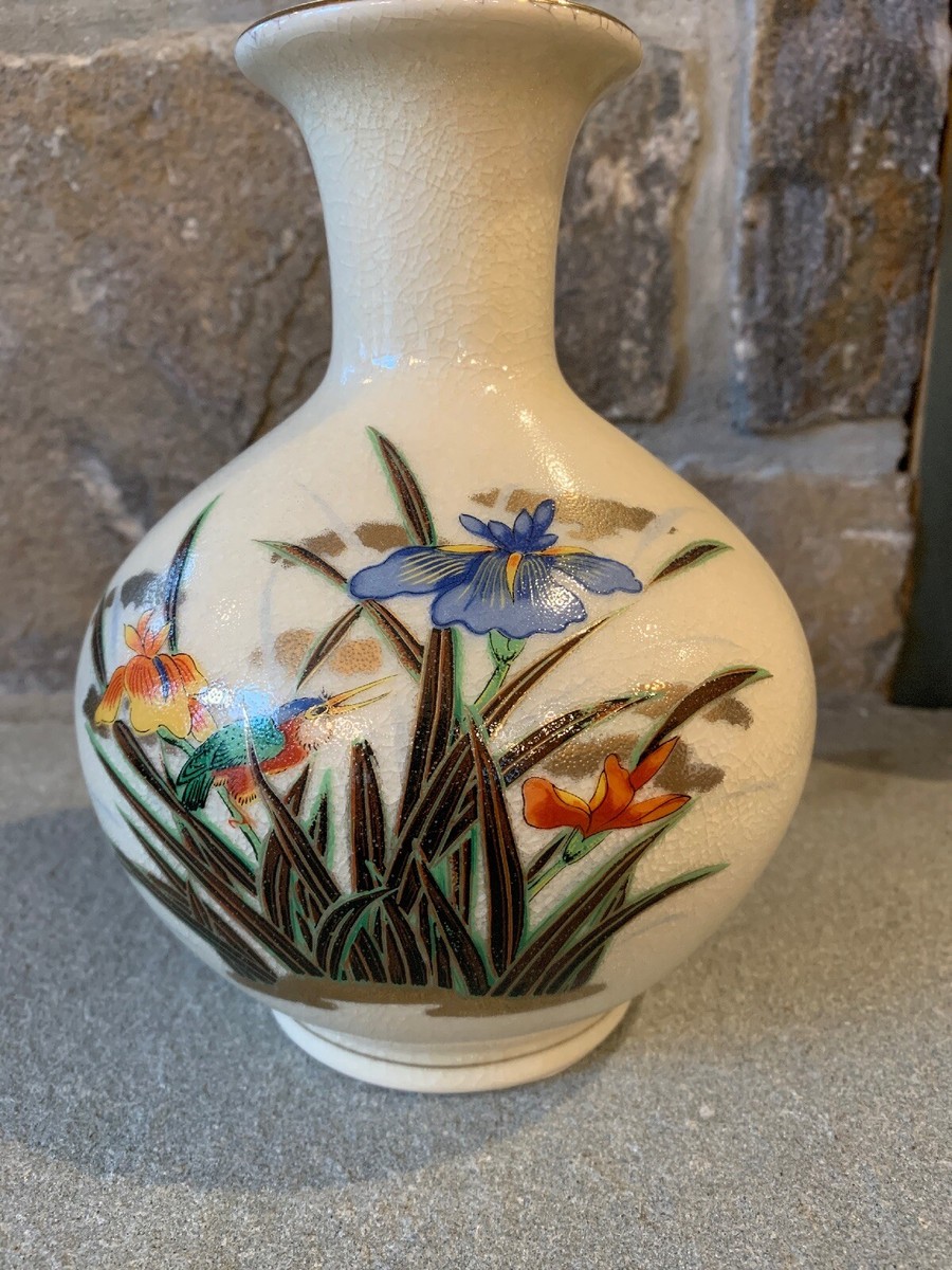 POT様 Vtg Japanese Hand Painted Vase Crackle Pottery And Gold Trim 8 X