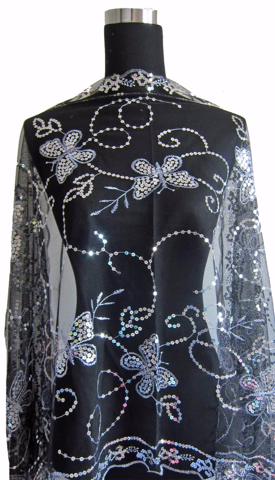 Elegant Oblong Lace Butterfly Art Scarf Wrap w/ Sequin Black/White