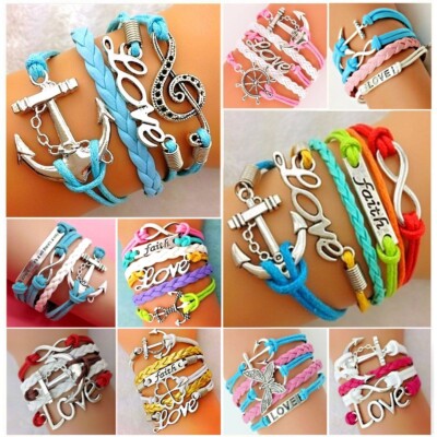 Anchor Clover 4 Luck Music Love Multi Layer Silver Charm Bracelet Free Gift Bag