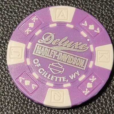 DELUXE HD OF GILLETTE ~ WYOMING (Lt. Purple AKQJ B&S) Harley Davidson Poker Chip