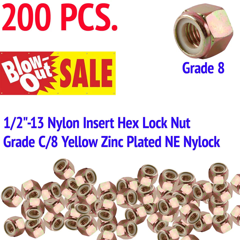 KG USA 1/2"-13 Nylon Insert Hex Lock Nut Grade C/8 Yellow Zinc Plated NE Nylock - 200PC