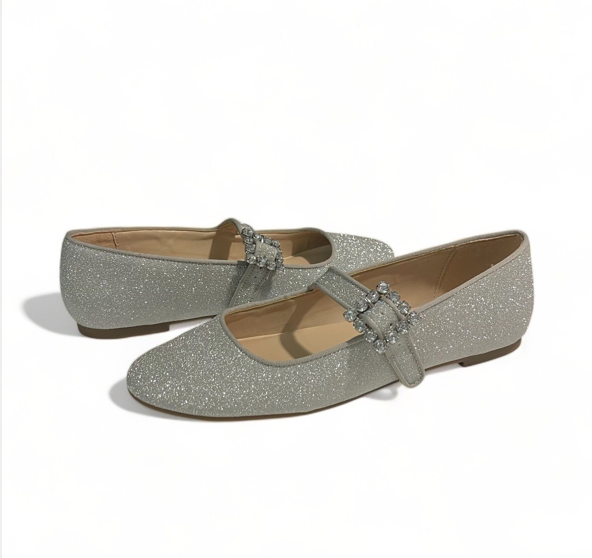 Unisa Womens Glitter Mary Jane Flats Size Silver With Rhinestone Buckle