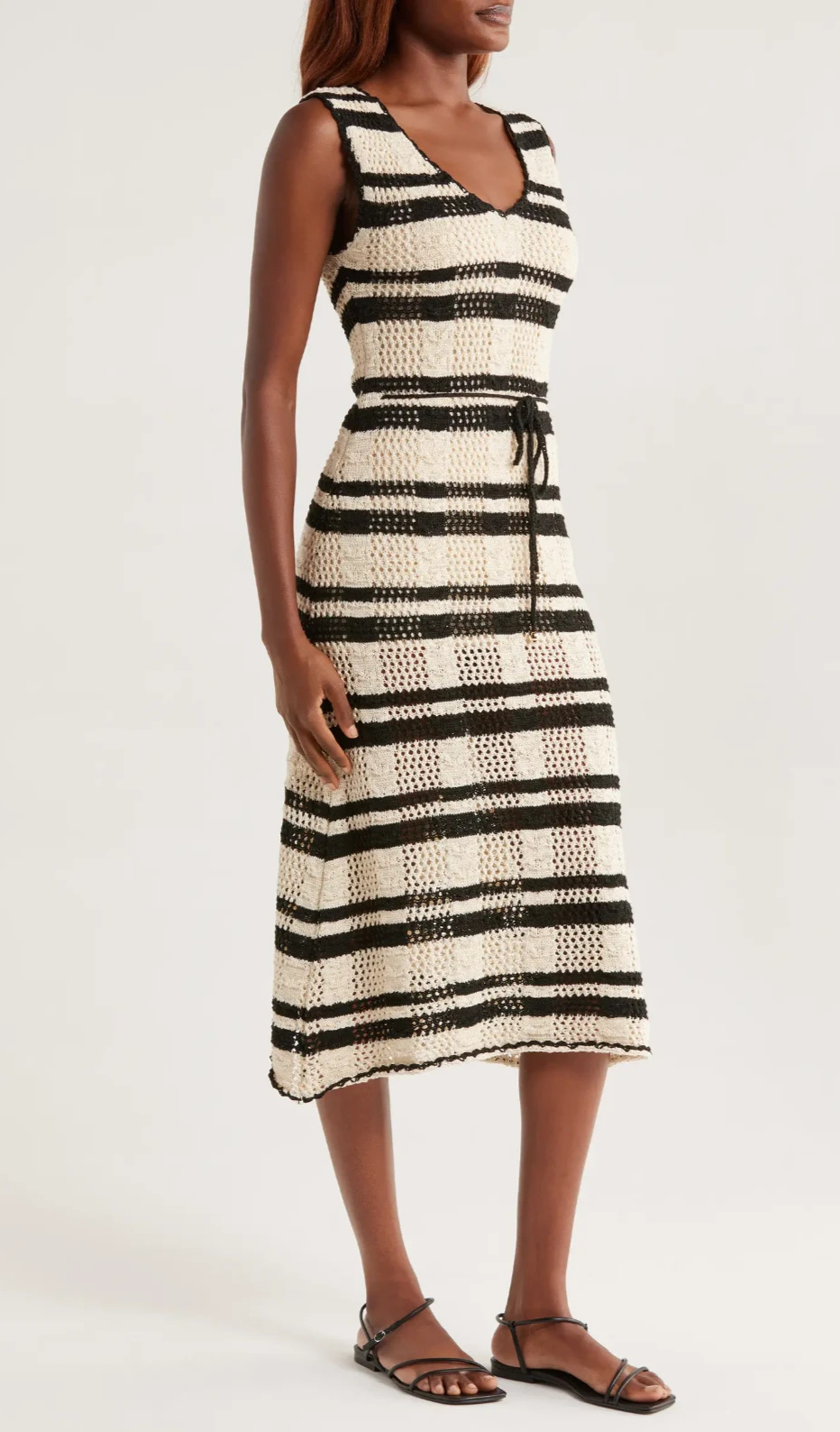 New Elan Stripe Cotton Blend Midi Cover-Up Dress Crochet Natural Black Size XL