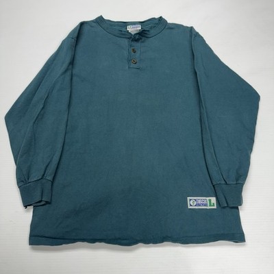 Vtg Discus Athletic Mens Blank Henley Long Sleeve Shirt L Teal USA Cotton Tee